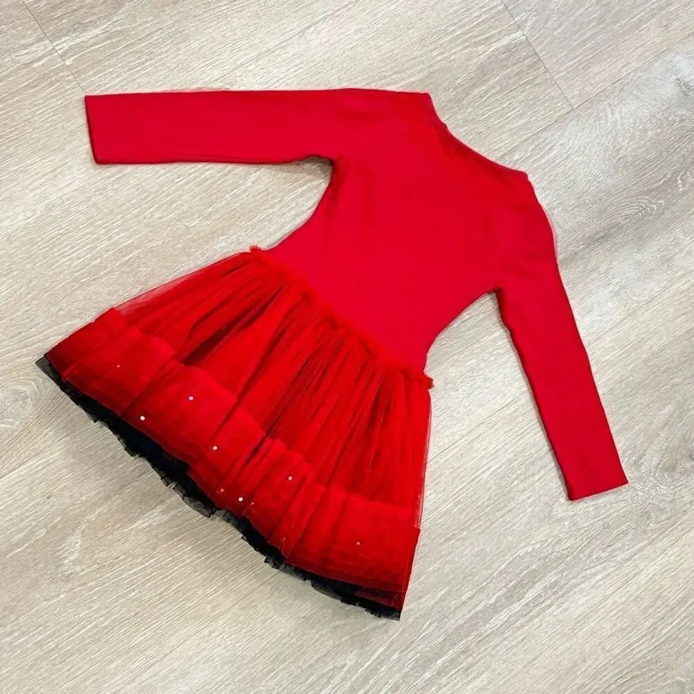 Eliane et Lena Paris Darnier Red & Black Tutu Long Sleeve Dress, 2T Girls